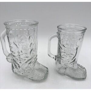Vtg Glass Boot Mug Set Of 2 Made In Canada Embossed Design Clear Glass Cowboy